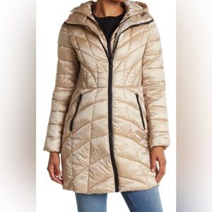 Bernardo Mixed Quilt Packable Hooded Puffer Jacket In Frappe Size XL NWT